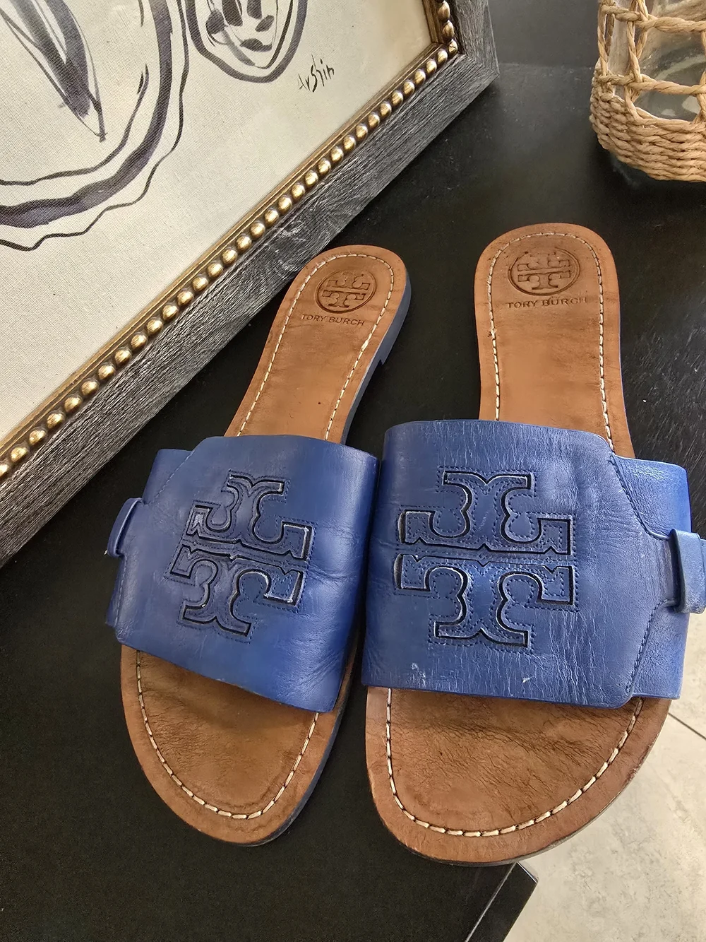 Tory Burch Women’s Melinda Slide Sandals Blue Leather Logo 10